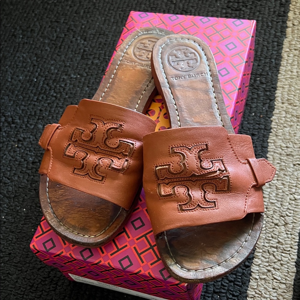 Tory Burch Cognac Leather Logo Slide Sandals